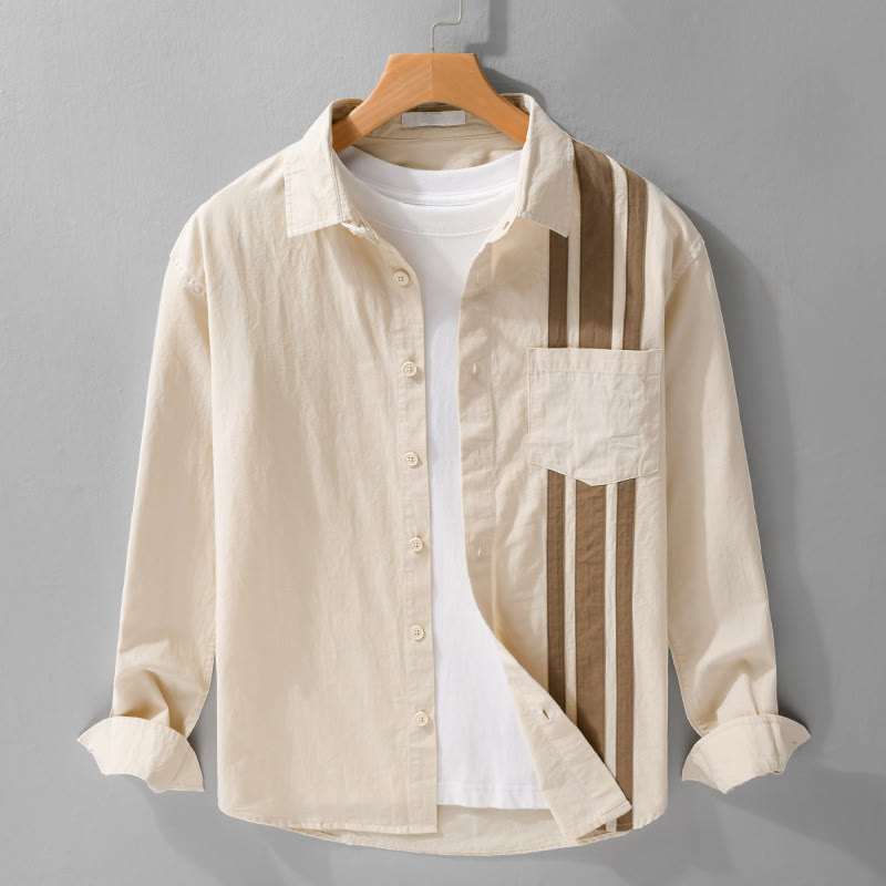 Camisa de algodón de manga larga para hombre con diseño de patchwork en contraste de color y solapa con estampado de Buddha Stones y bolsillo - Beige - US/UK/AU42, EU52 (3XL) - image 0