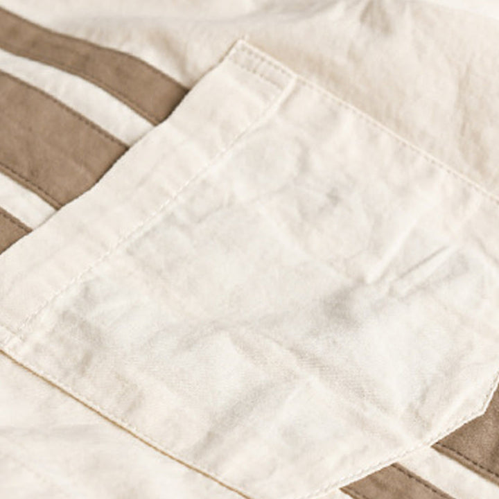 Camisa de algodón de manga larga para hombre con diseño de patchwork en contraste de color y solapa con estampado de Buddha Stones y bolsillo - image 4