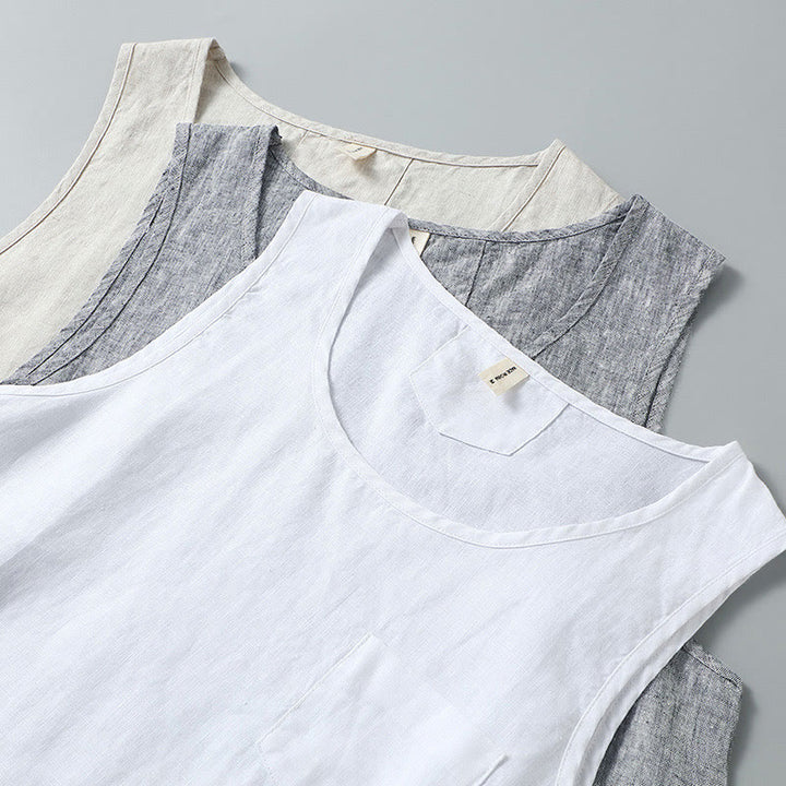 Chaleco de lino sin mangas para hombre con diseño de abertura lateral de color liso de verano Buddha Stones - image 12