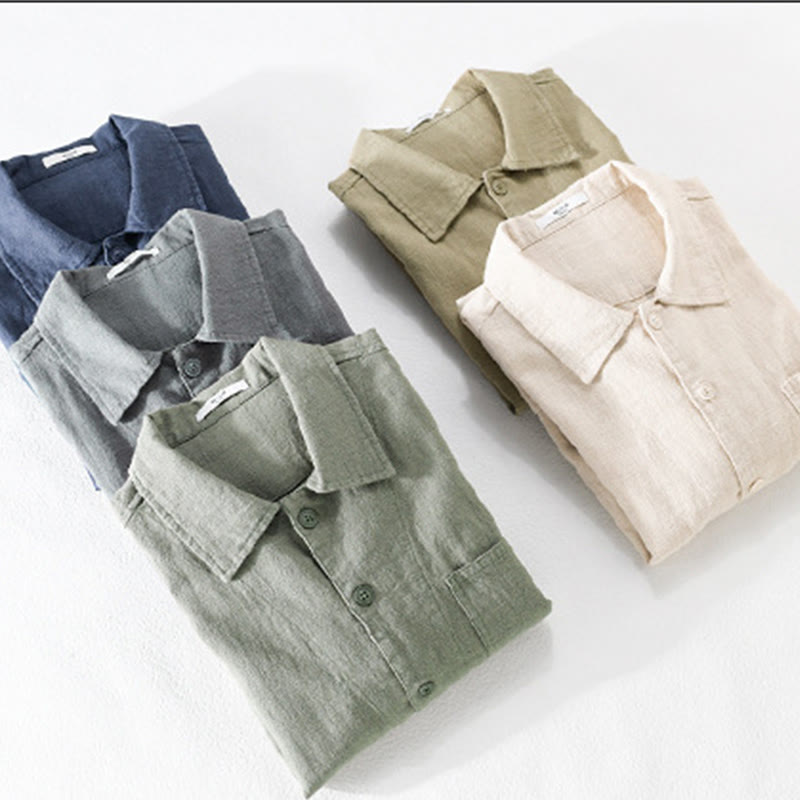 Camisa de lino y algodón de manga larga para hombre con solapa de color liso y bolsillo de Buddha Stones Commute Fall - image 33