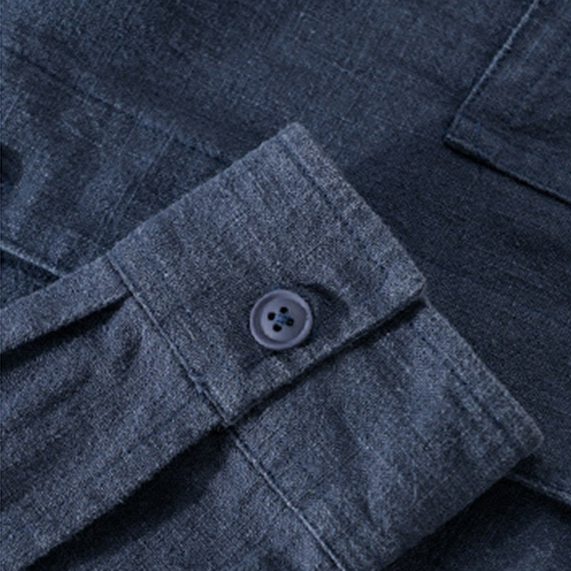 Camisa de lino y algodón de manga larga para hombre con solapa de color liso y bolsillo de Buddha Stones Commute Fall - image 18