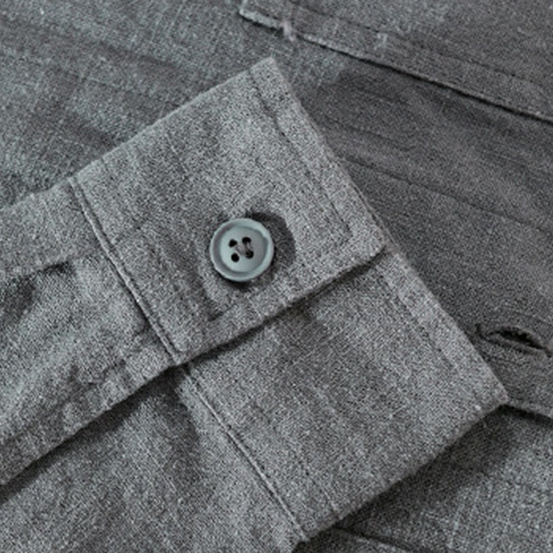 Camisa de lino y algodón de manga larga para hombre con solapa de color liso y bolsillo de Buddha Stones Commute Fall - image 12