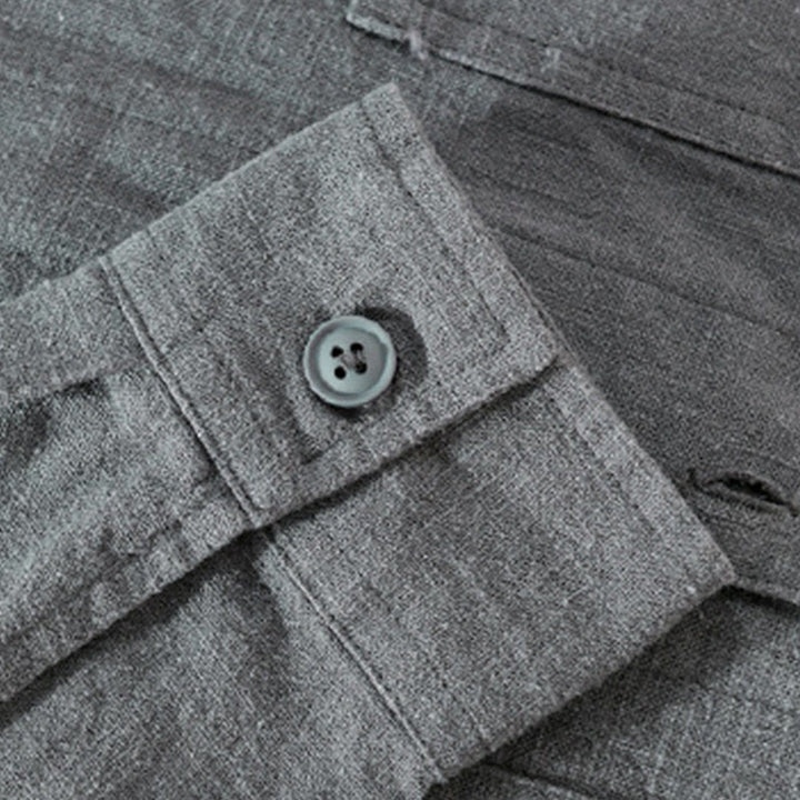 Camisa de lino y algodón de manga larga para hombre con solapa de color liso y bolsillo de Buddha Stones Commute Fall - image 12