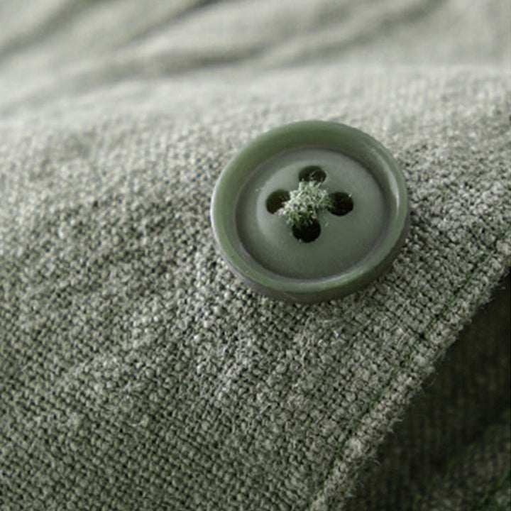 Camisa de lino y algodón de manga larga para hombre con solapa de color liso y bolsillo de Buddha Stones Commute Fall - image 22