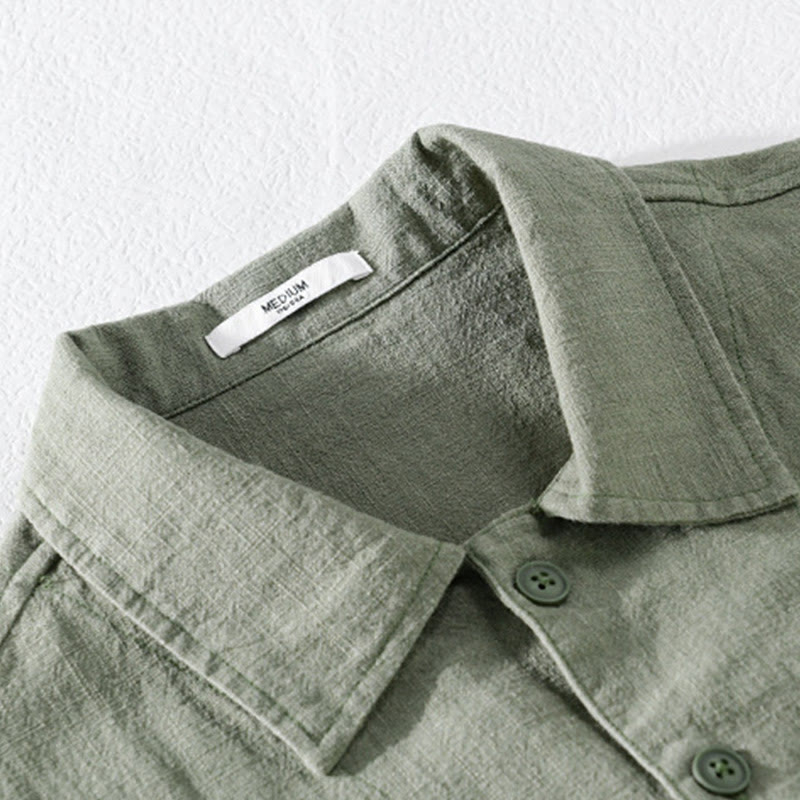 Camisa de lino y algodón de manga larga para hombre con solapa de color liso y bolsillo de Buddha Stones Commute Fall - image 21