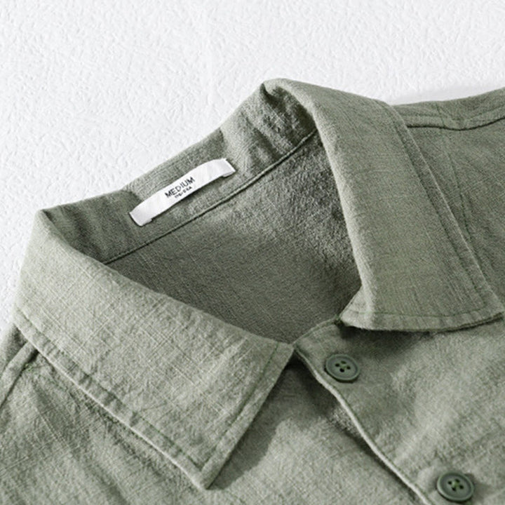 Camisa de lino y algodón de manga larga para hombre con solapa de color liso y bolsillo de Buddha Stones Commute Fall - image 21