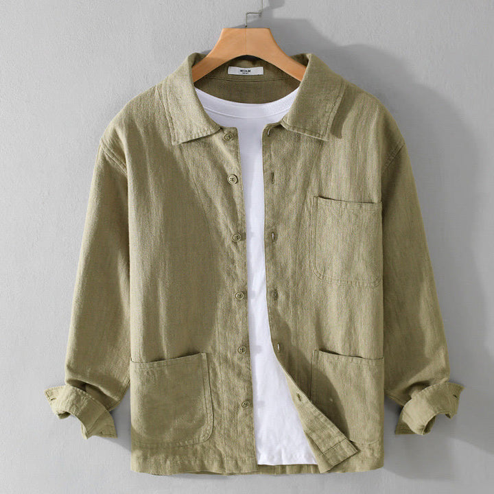 Camisa de lino y algodón de manga larga para hombre con solapa de color liso y bolsillo de Buddha Stones Commute Fall - AmarilloVerde - US/UK/AU42, EU52 (3XL) - image 26