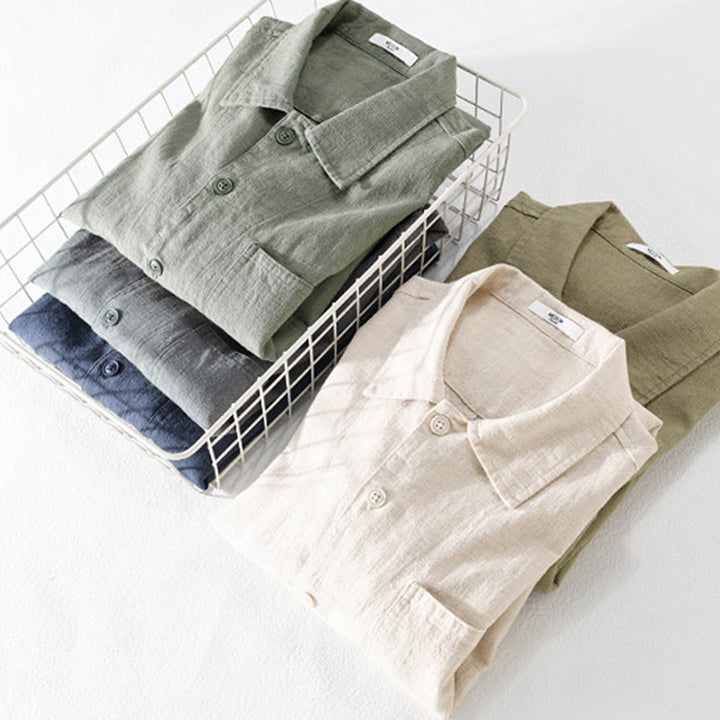 Camisa de lino y algodón de manga larga para hombre con solapa de color liso y bolsillo de Buddha Stones Commute Fall - image 34