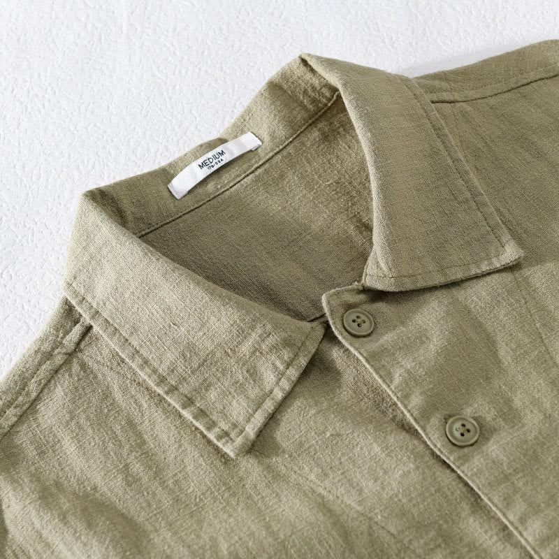 Camisa de lino y algodón de manga larga para hombre con solapa de color liso y bolsillo de Buddha Stones Commute Fall - image 27