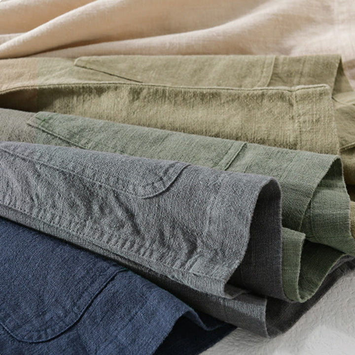 Camisa de lino y algodón de manga larga para hombre con solapa de color liso y bolsillo de Buddha Stones Commute Fall - image 38