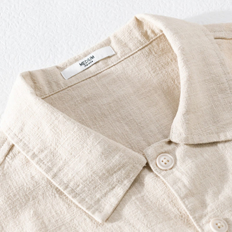 Camisa de lino y algodón de manga larga para hombre con solapa de color liso y bolsillo de Buddha Stones Commute Fall - image 1