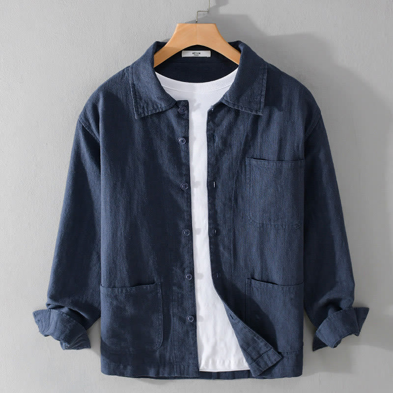 Camisa de lino y algodón de manga larga para hombre con solapa de color liso y bolsillo de Buddha Stones Commute Fall - Azul medianoche - US/UK/AU42, EU52 (3XL) - image 14