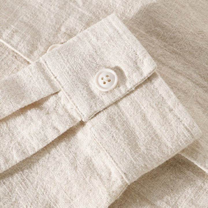 Camisa de lino y algodón de manga larga para hombre con solapa de color liso y bolsillo de Buddha Stones Commute Fall - image 3