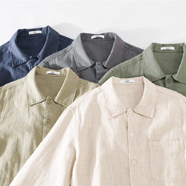 Camisa de lino y algodón de manga larga para hombre con solapa de color liso y bolsillo de Buddha Stones Commute Fall - image 35