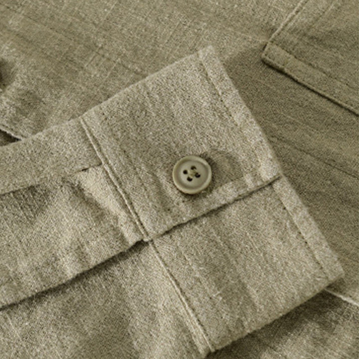 Camisa de lino y algodón de manga larga para hombre con solapa de color liso y bolsillo de Buddha Stones Commute Fall - image 29