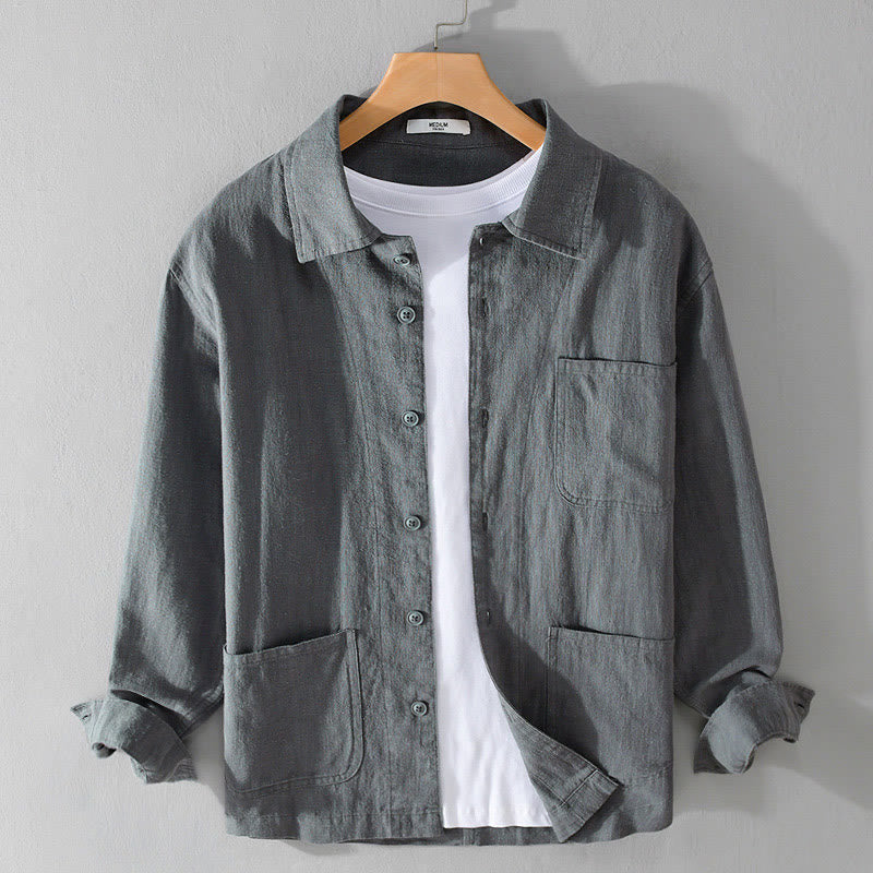Camisa de lino y algodón de manga larga para hombre con solapa de color liso y bolsillo de Buddha Stones Commute Fall - Gris pizarra claro - US/UK/AU42, EU52 (3XL) - image 8