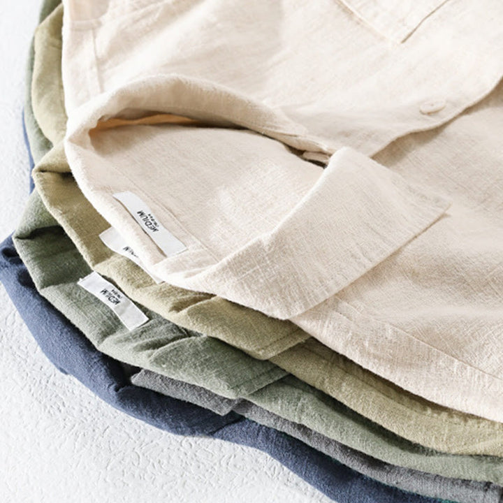 Camisa de lino y algodón de manga larga para hombre con solapa de color liso y bolsillo de Buddha Stones Commute Fall - image 36