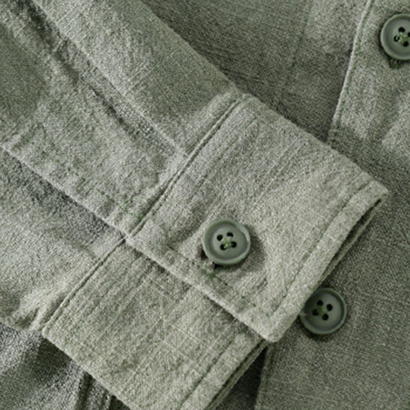 Camisa de lino y algodón de manga larga para hombre con solapa de color liso y bolsillo de Buddha Stones Commute Fall - image 23