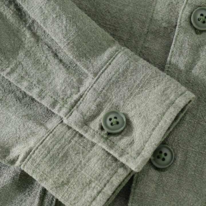 Camisa de lino y algodón de manga larga para hombre con solapa de color liso y bolsillo de Buddha Stones Commute Fall - image 23