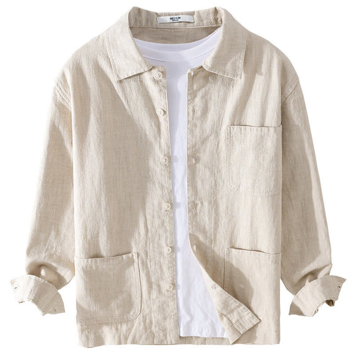 Camisa de lino y algodón de manga larga para hombre con solapa de color liso y bolsillo de Buddha Stones Commute Fall - image 7