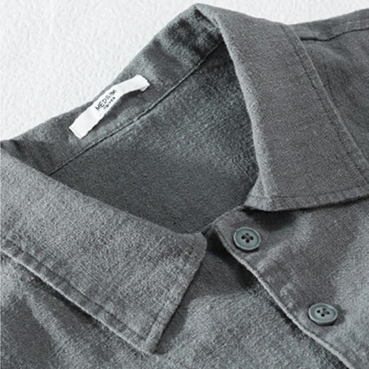 Camisa de lino y algodón de manga larga para hombre con solapa de color liso y bolsillo de Buddha Stones Commute Fall - image 10