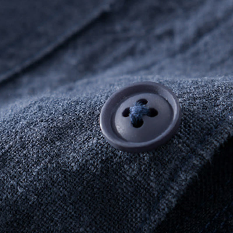 Camisa de lino y algodón de manga larga para hombre con solapa de color liso y bolsillo de Buddha Stones Commute Fall - image 17