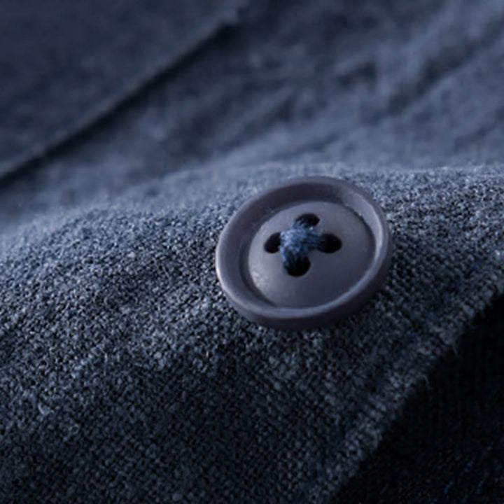 Camisa de lino y algodón de manga larga para hombre con solapa de color liso y bolsillo de Buddha Stones Commute Fall - image 17