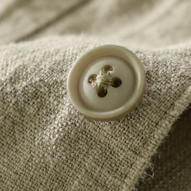 Camisa de lino y algodón de manga larga para hombre con solapa de color liso y bolsillo de Buddha Stones Commute Fall - image 28