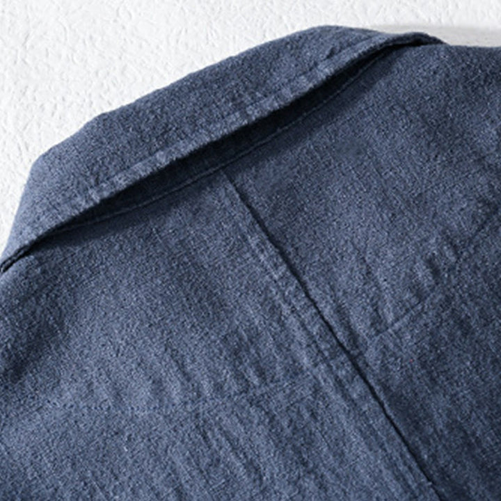 Camisa de lino y algodón de manga larga para hombre con solapa de color liso y bolsillo de Buddha Stones Commute Fall - image 16