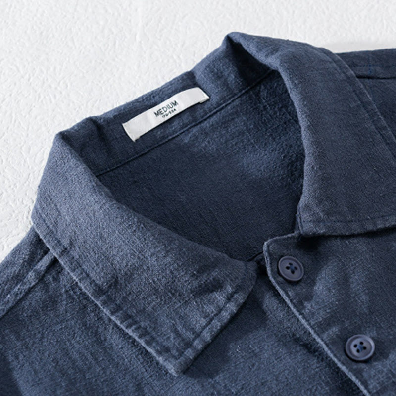 Camisa de lino y algodón de manga larga para hombre con solapa de color liso y bolsillo de Buddha Stones Commute Fall - image 15