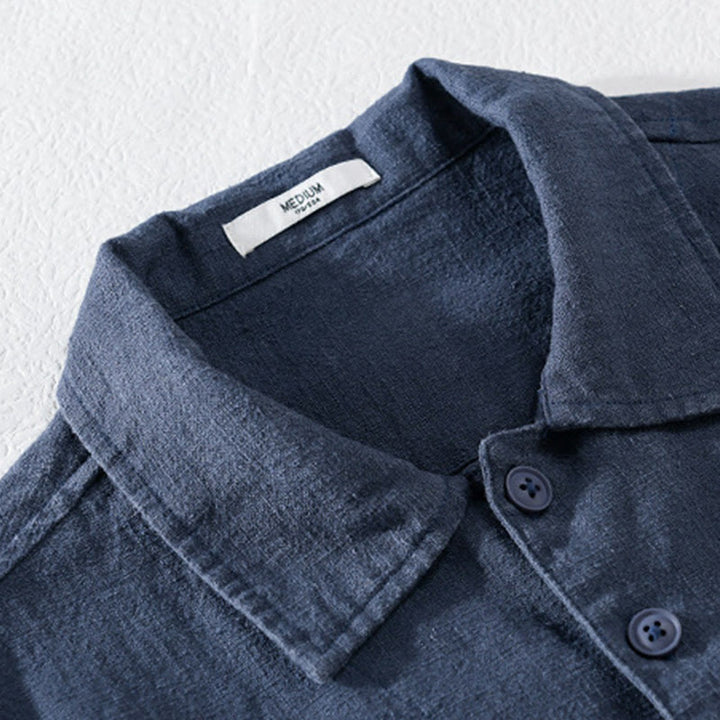Camisa de lino y algodón de manga larga para hombre con solapa de color liso y bolsillo de Buddha Stones Commute Fall - image 15