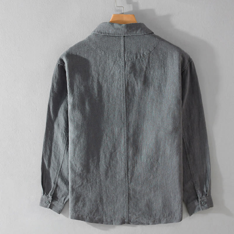 Camisa de lino y algodón de manga larga para hombre con solapa de color liso y bolsillo de Buddha Stones Commute Fall - image 9