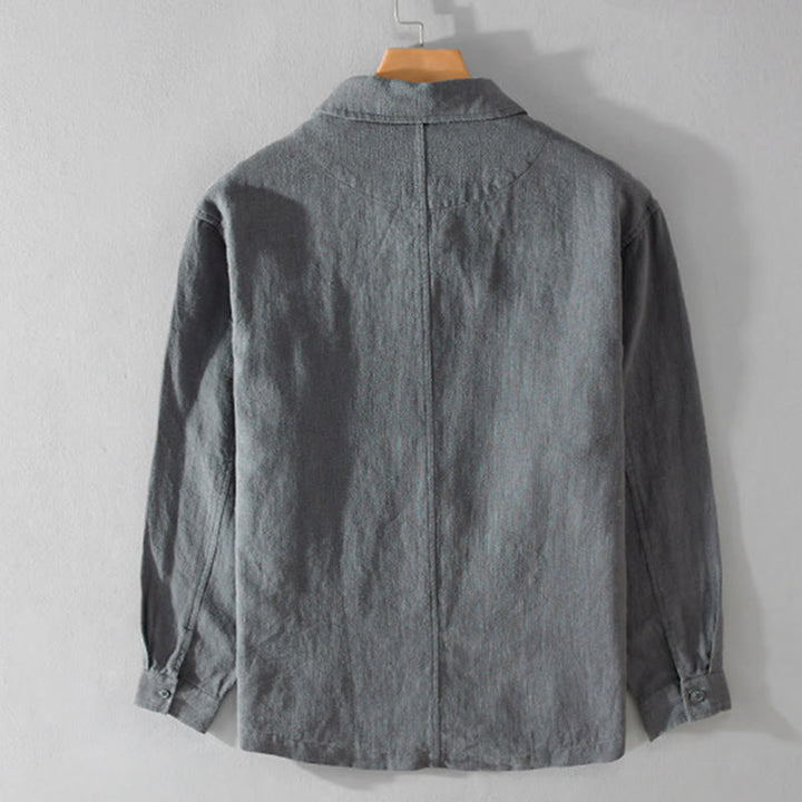 Camisa de lino y algodón de manga larga para hombre con solapa de color liso y bolsillo de Buddha Stones Commute Fall - image 9