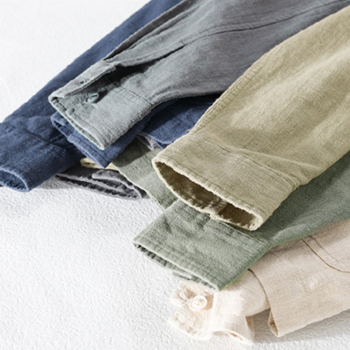 Camisa de lino y algodón de manga larga para hombre con solapa de color liso y bolsillo de Buddha Stones Commute Fall - image 37