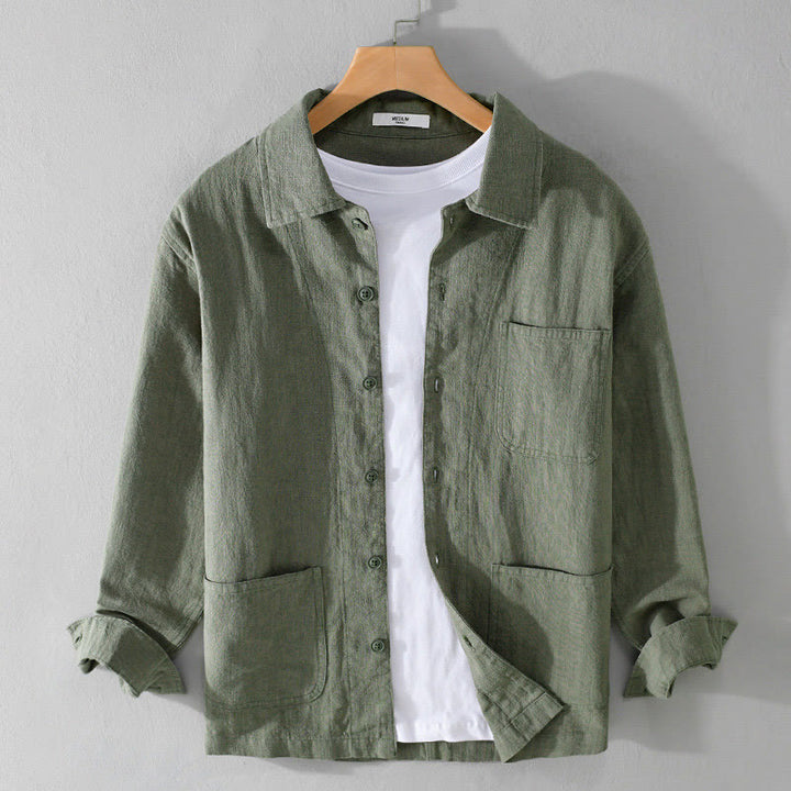 Camisa de lino y algodón de manga larga para hombre con solapa de color liso y bolsillo de Buddha Stones Commute Fall - Verde mar medio - US/UK/AU42, EU52 (3XL) - image 20