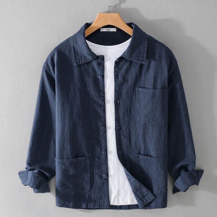 Camisa de lino y algodón de manga larga para hombre con solapa de color liso y bolsillo de Buddha Stones Commute Fall - Azul medianoche - US/UK/AU42, EU52 (3XL) - image 14