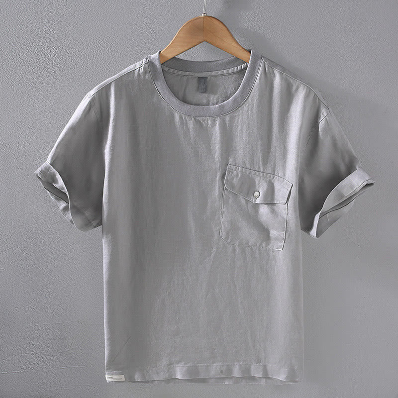 Camisa de lino de manga corta para hombre, diseño sencillo, con cuello redondo y bolsillo, con Buddha Stones - Gris oscuro - US/UK/AU42, EU52 (3XL) - image 0