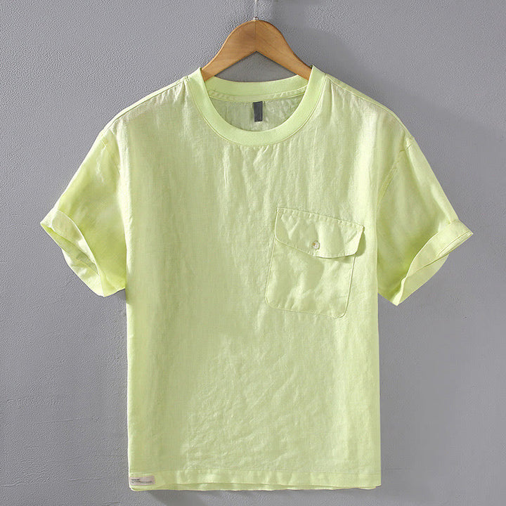 Camisa de lino de manga corta para hombre, diseño sencillo, con cuello redondo y bolsillo, con Buddha Stones - VerdeAmarillo - US/UK/AU42, EU52 (3XL) - image 11