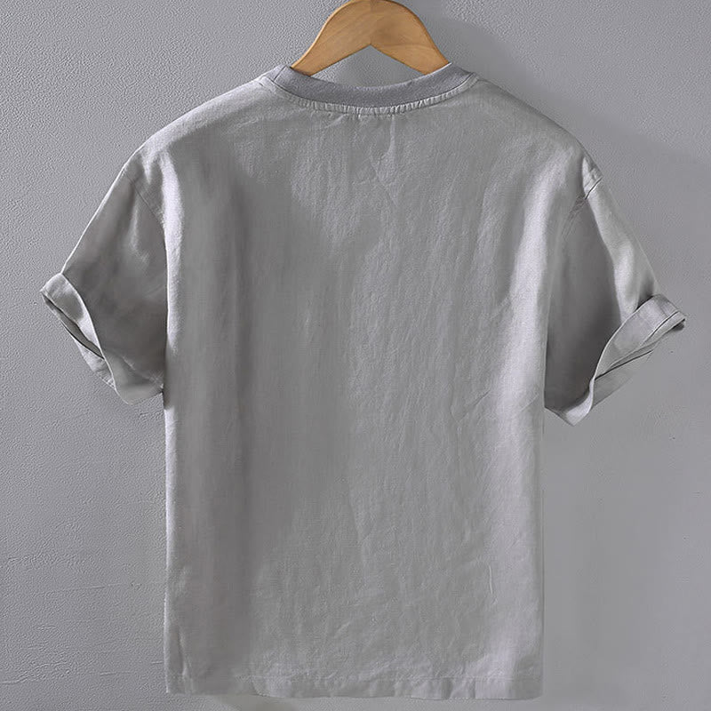 Camisa de lino de manga corta para hombre, diseño sencillo, con cuello redondo y bolsillo, con Buddha Stones - image 1