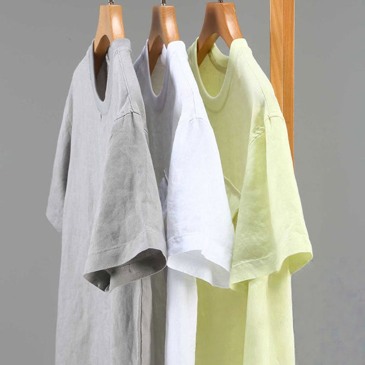 Camisa de lino de manga corta para hombre, diseño sencillo, con cuello redondo y bolsillo, con Buddha Stones - image 12