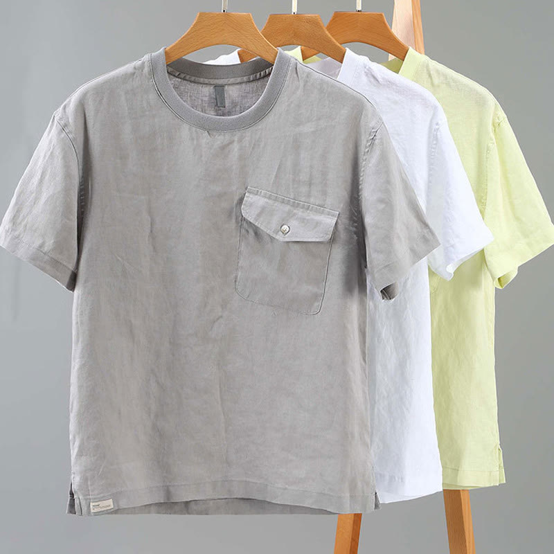 Camisa de lino de manga corta para hombre, diseño sencillo, con cuello redondo y bolsillo, con Buddha Stones - image 14