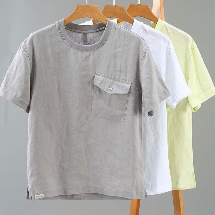 Camisa de lino de manga corta para hombre, diseño sencillo, con cuello redondo y bolsillo, con Buddha Stones - image 14
