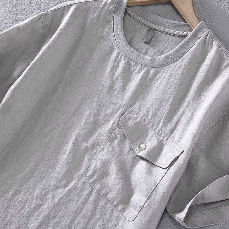 Camisa de lino de manga corta para hombre, diseño sencillo, con cuello redondo y bolsillo, con Buddha Stones - image 4