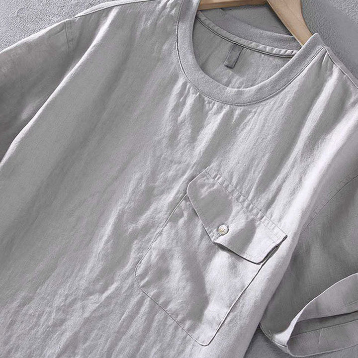 Camisa de lino de manga corta para hombre, diseño sencillo, con cuello redondo y bolsillo, con Buddha Stones - image 4