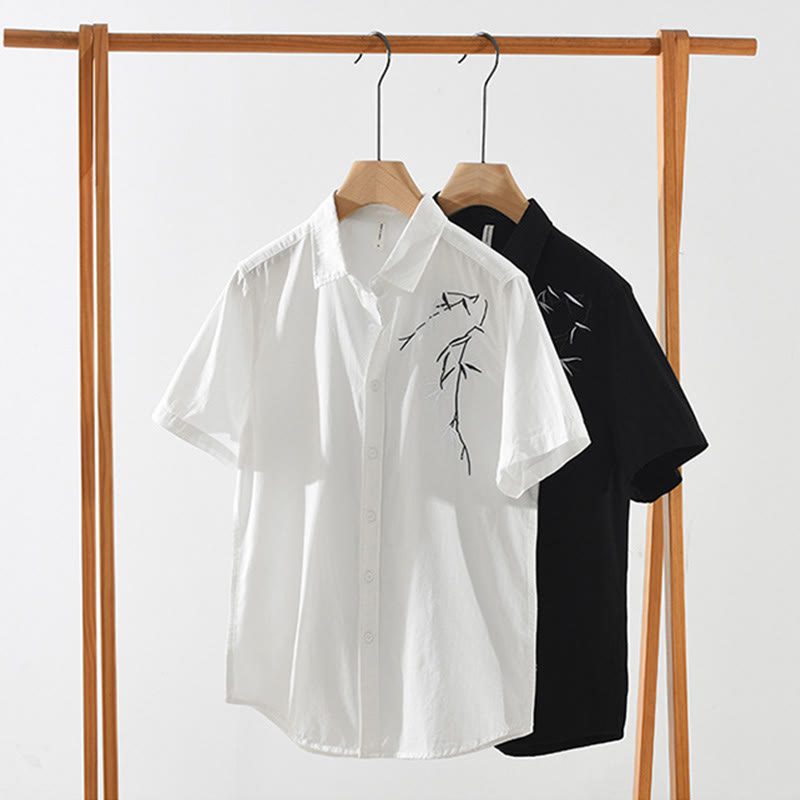 Camisa de algodón de manga corta para hombre con diseño artístico simple y bordado de bambú y Buddha Stones - image 14