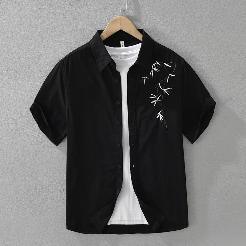 Camisa de algodón de manga corta para hombre con diseño artístico simple y bordado de bambú y Buddha Stones - Negro - US/UK/AU42, EU52 (3XL) - image 0