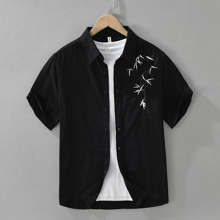 Camisa de algodón de manga corta para hombre con diseño artístico simple y bordado de bambú y Buddha Stones - Negro - US/UK/AU42, EU52 (3XL) - image 0