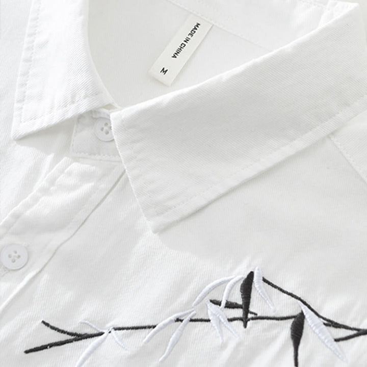 Camisa de algodón de manga corta para hombre con diseño artístico simple y bordado de bambú y Buddha Stones - image 5