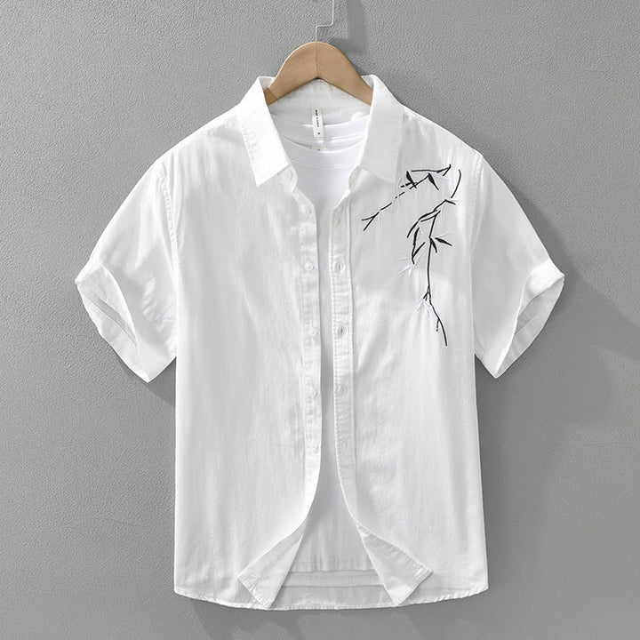 Camisa de algodón de manga corta para hombre con diseño artístico simple y bordado de bambú y Buddha Stones - Blanco - US/UK/AU42, EU52 (3XL) - image 1