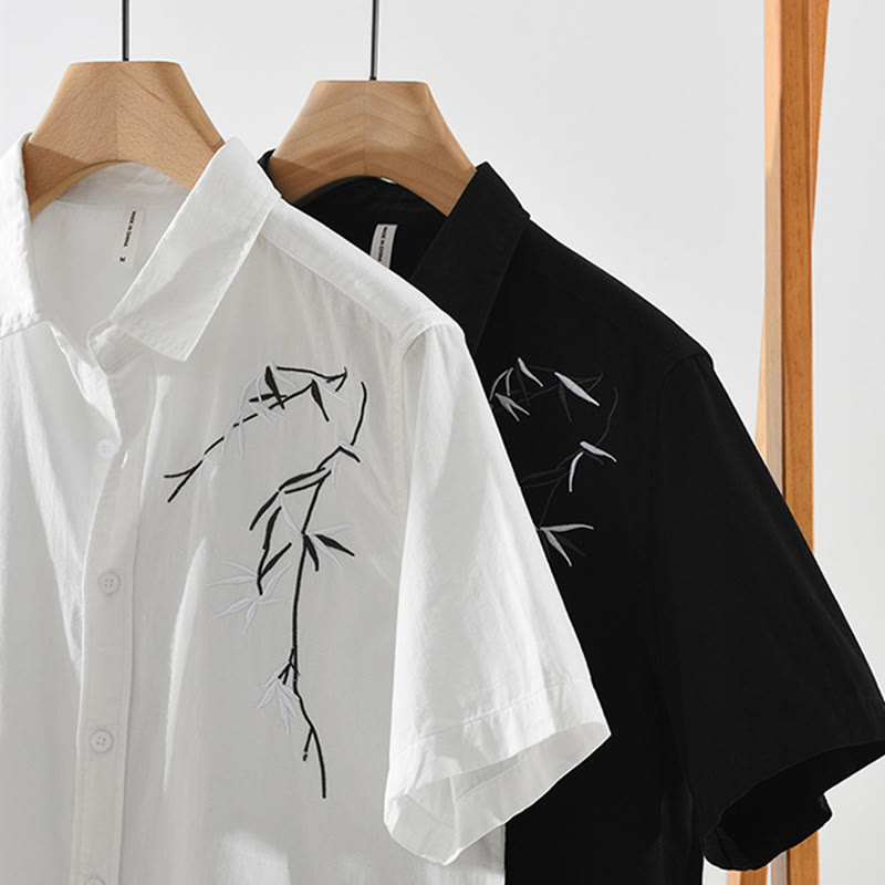 Camisa de algodón de manga corta para hombre con diseño artístico simple y bordado de bambú y Buddha Stones - image 15